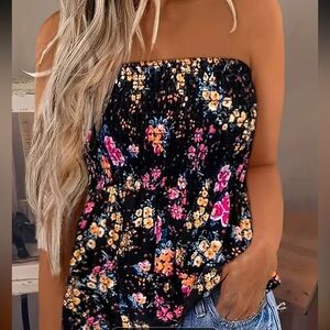 New Floral Print Tube Top with Shirred Detail Large